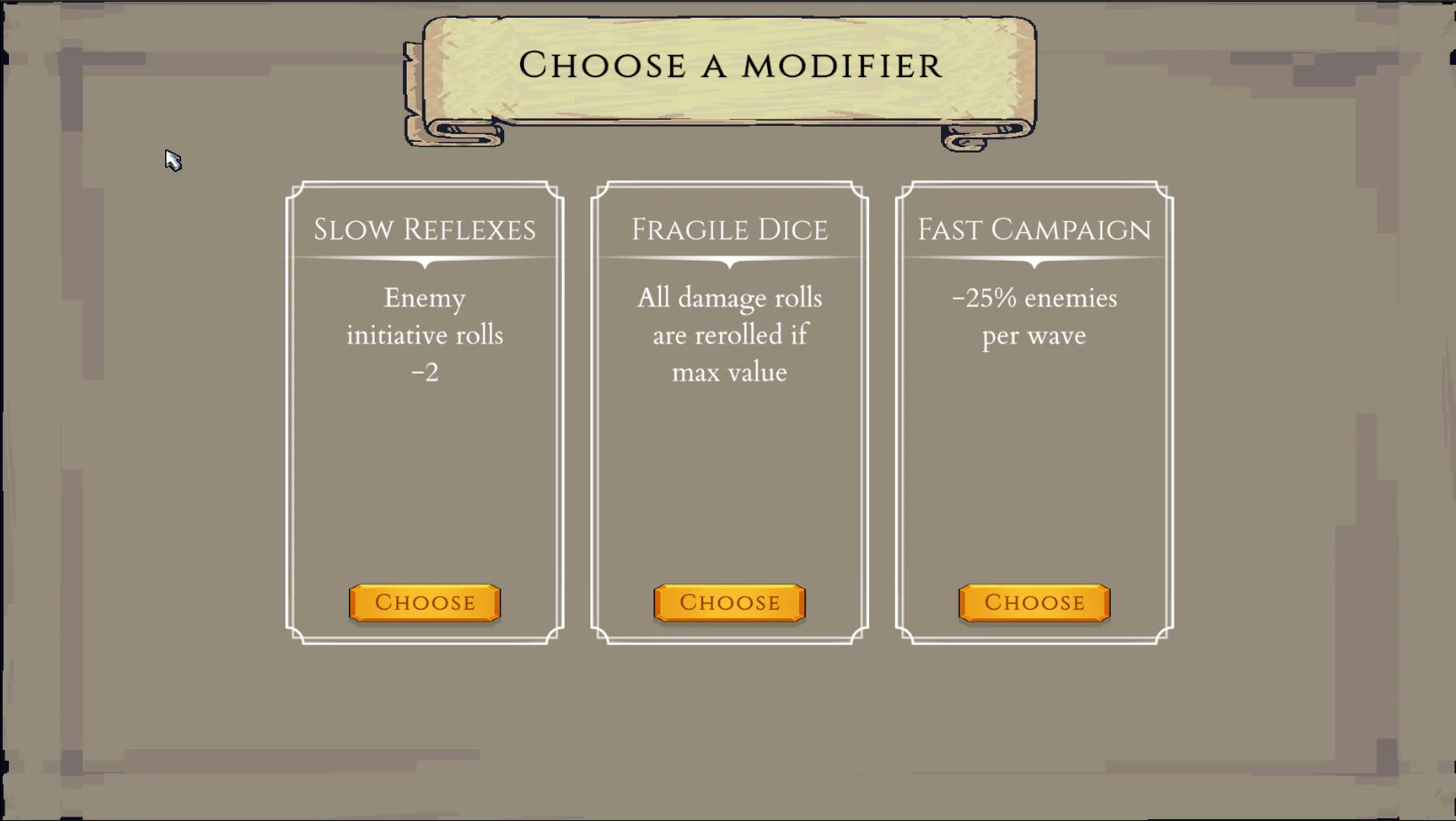 Dice No Dice modifier selection screen